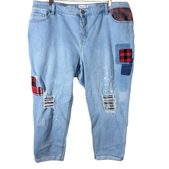 Lane Bryant Mid-Rise Boyfriend Jeans Patchwork Buffalo Check Distressed Sz 22 - Picture 1 of 6